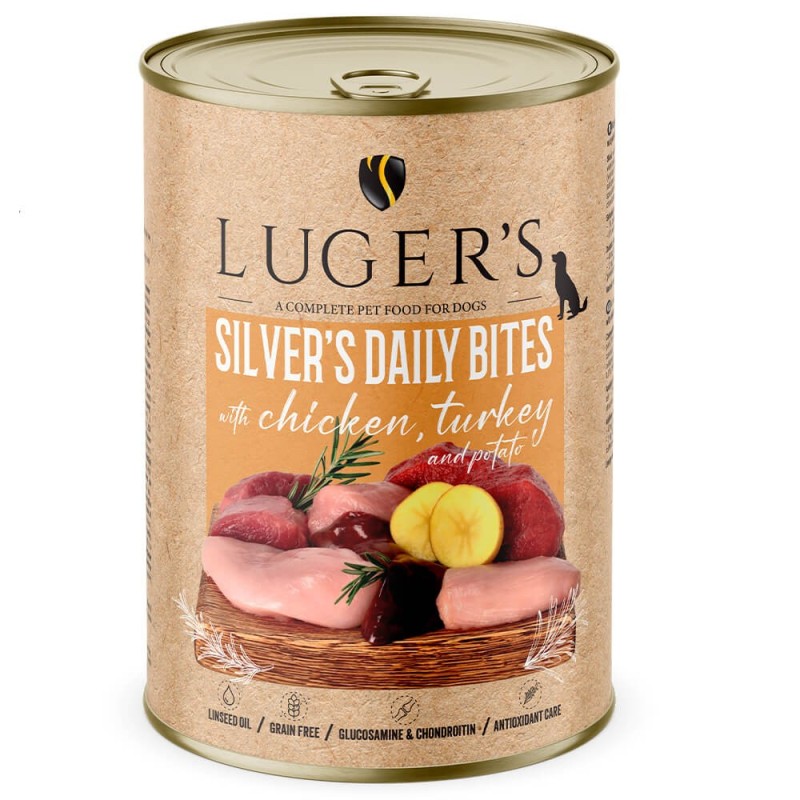 Luger's Silver's Daily Bites - Alimento húmido para cão sénior - Frango, peru e batata