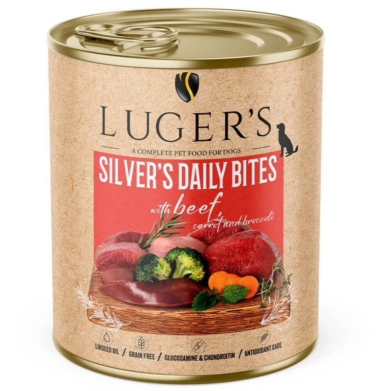 Luger's Silver's Daily Bites - Alimento húmido para cão sénior - Vaca, cenoura e brócolos