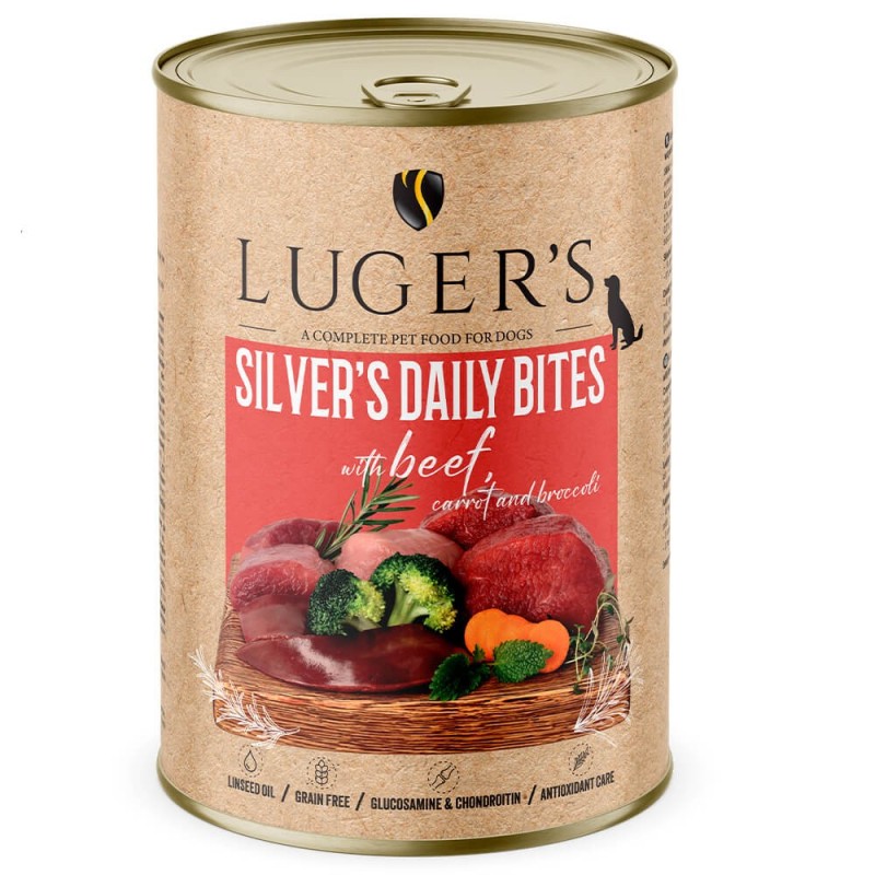 Luger's Silver's Daily Bites - Alimento húmido para cão sénior - Vaca, cenoura e brócolos