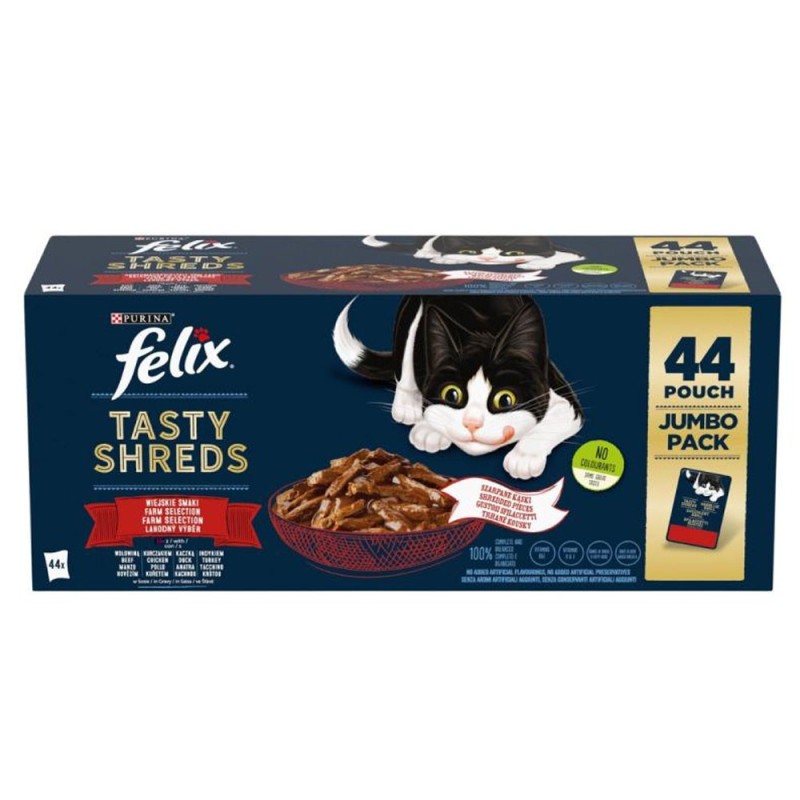 Felix Tasty Shreds Jumbo Pack - Vaca, frango, pato e peru