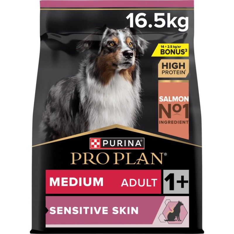 Pro Plan Sensitive Skin Medium 14 + 2,5 kg GRÁTIS - Ração seca para cão adulto médio com pele sensível - Salmão