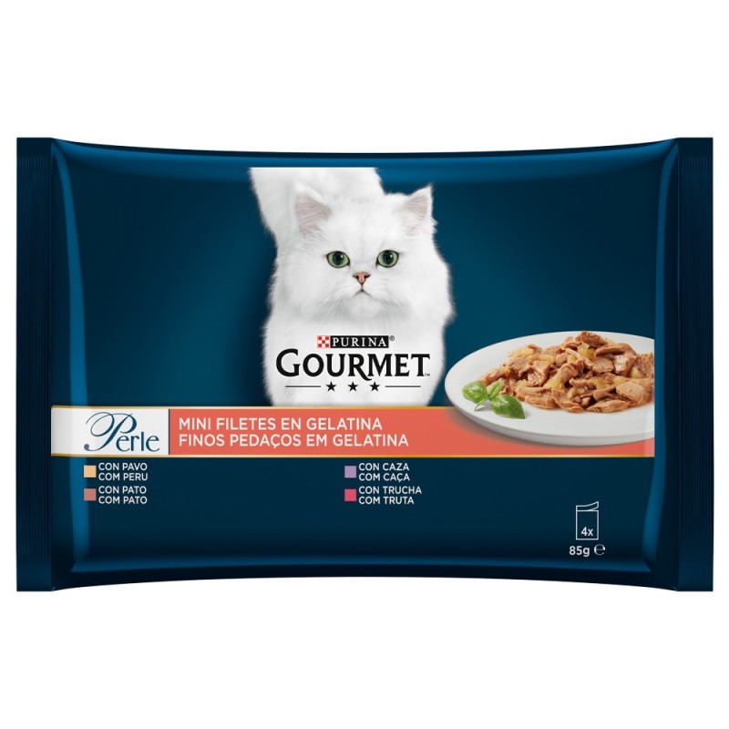 Gourmet Perle Finos pedaços em gelatina - Alimento húmido para gato - Peru, pato, caça e truta