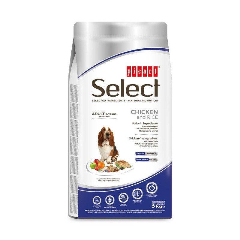 Picart Select 7+ - Ração seca para cão com mais de 7 anos - Frango e arroz