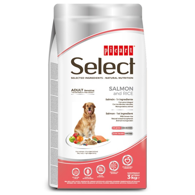 Picart Select Sensitive Medium/Maxi - Ração seca para cão adulto médio e grande - Salmão e arroz