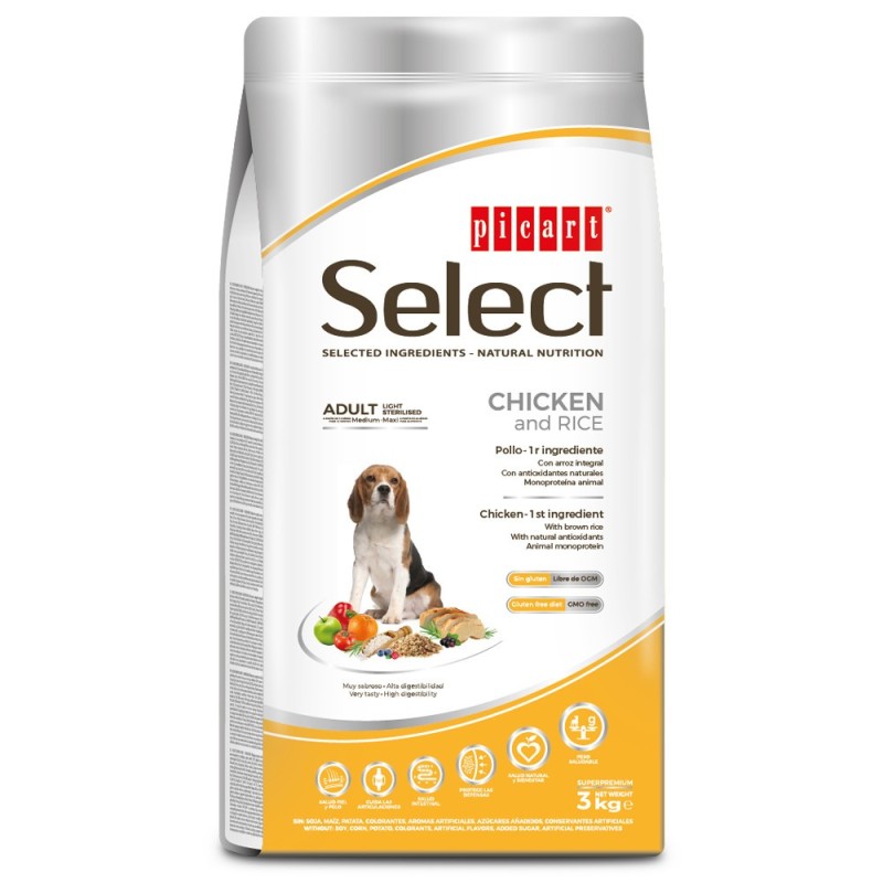 Picart Select Light/Sterilised - Ração seca para cão adulto para controlo do peso - Frango e arroz