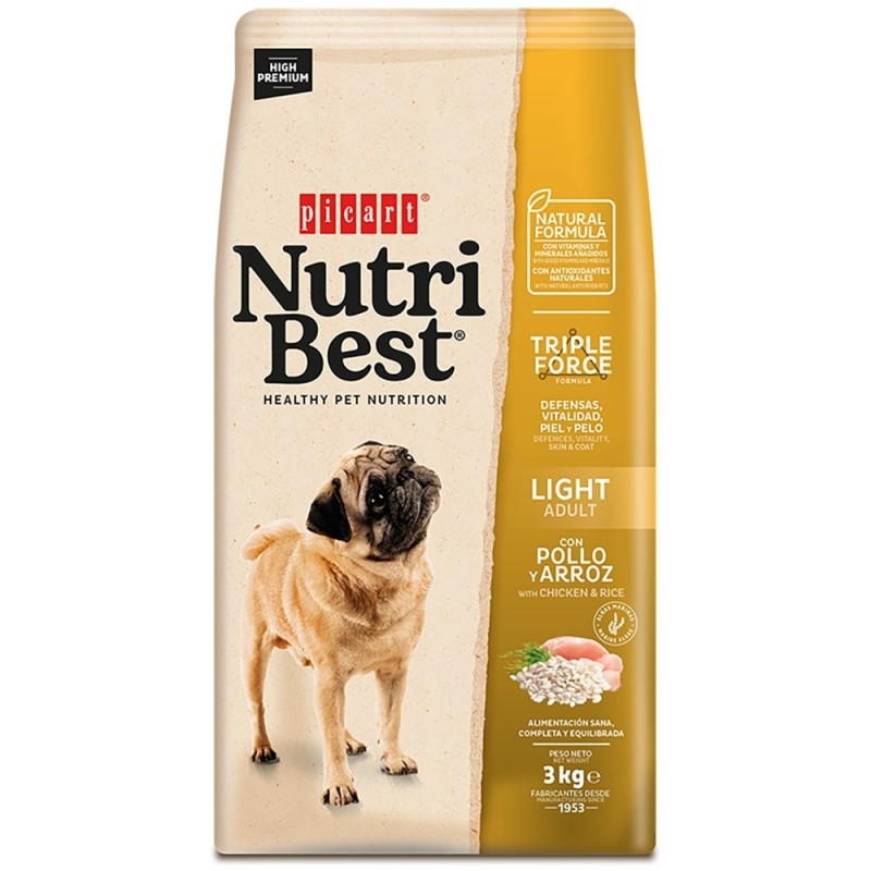 Picart Nutribest Light - Ração seca para cão adulto para controlo do peso - Frango e arroz