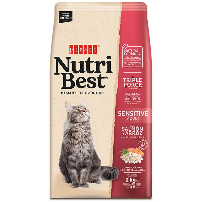 Picart Nutribest Sensitive - Ração seca para gato adulto com sensibilidades - Salmão e arroz