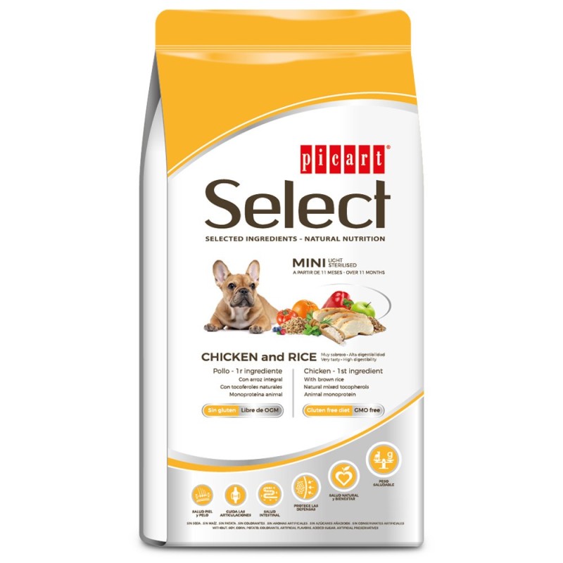 Picart Select Mini Light/Sterilised - Ração seca para cão adulto pequeno para controlo do peso - Frango e arroz