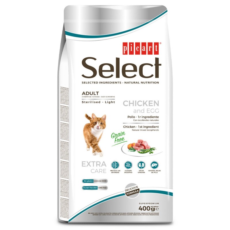 Picart Select Sterilised/Light Grain free - Ração seca sem cereais para gato adulto - Frango e ovo