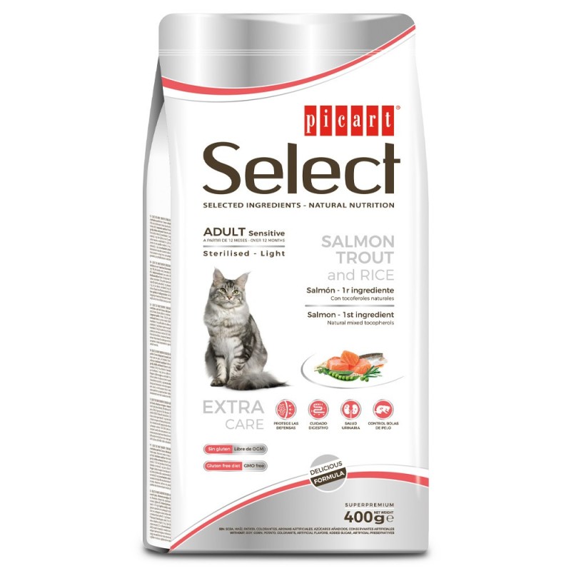 Picart Select Sensitive Sterilised/Light - Ração seca para gato adulto com sensibilidades - Salmão, truta e arroz