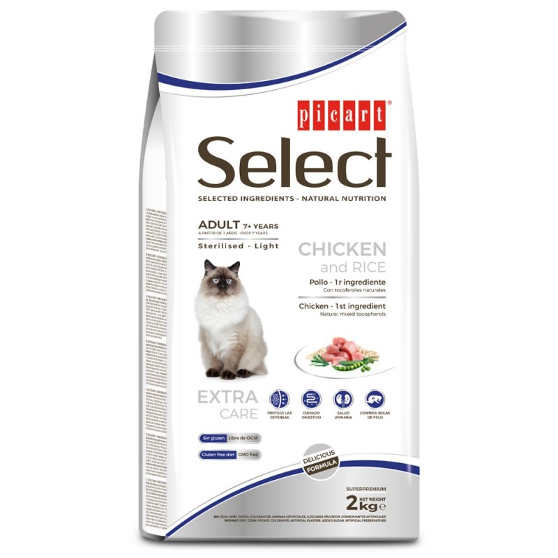 Picart Select 7+ Sterilised/Light - Ração seca para gato com mais de 7 anos - Frango e arroz