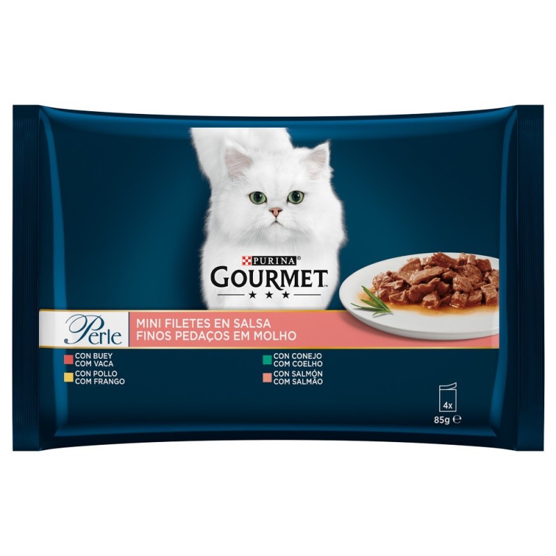 Gourmet Perle Finos pedaços em molho - Alimento húmido para gato - Vaca, frango, coelho e salmão