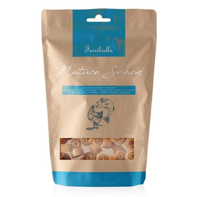 Bites de frango e bacalhau para cães - Ferribiella