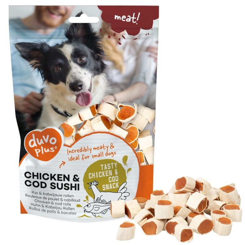Duvo Plus Meat! Snack de frango e sushi de bacalhau