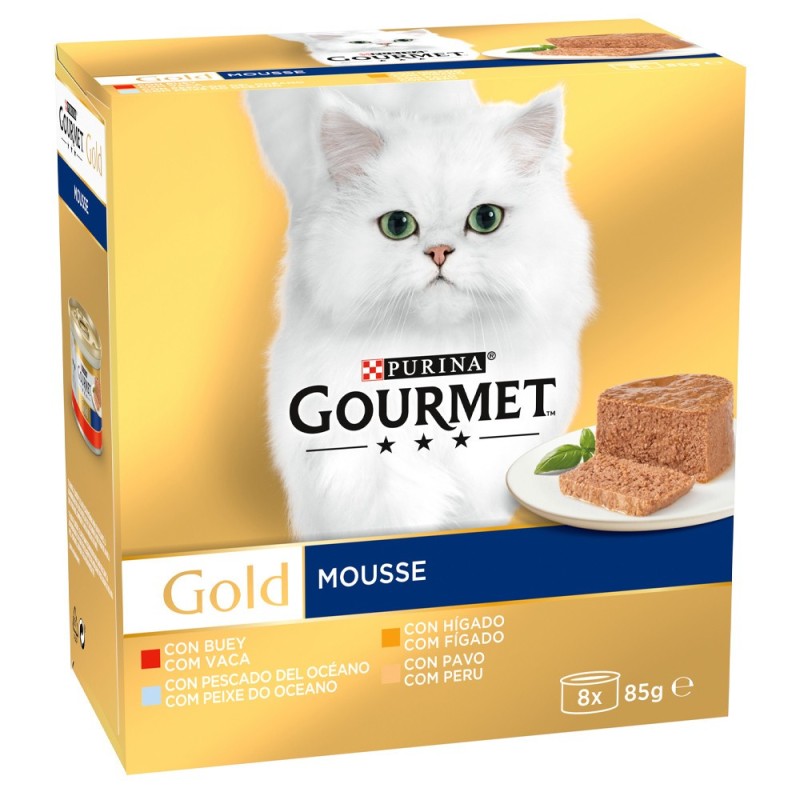 Gourmet Gold Mousse para gato - Pack 8 - Vaca, fígado, peixe e peru