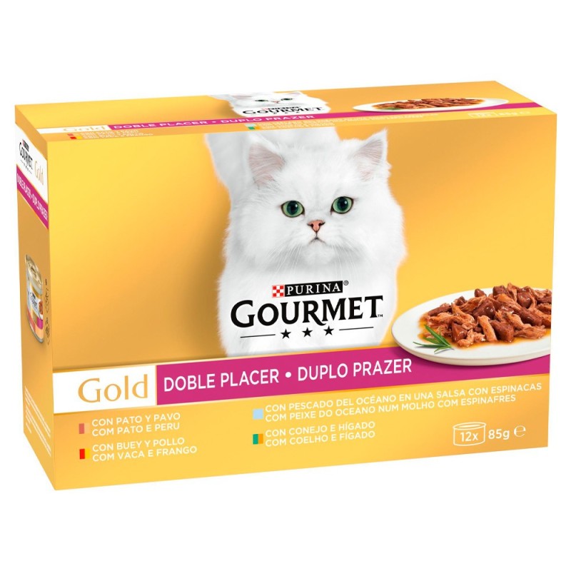 Gourmet Gold Duplo Prazer Gato Adulto - Pack 4 - Vaca, coelho, peixe e pato