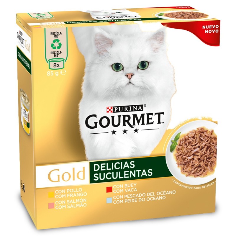 Gourmet Gold Delícias suculentas para gato - Pack 8 - Frango, vaca, salmão e peixe do oceano